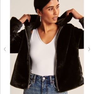 NWT {Abercrombie & Fitch} Black Hooded Faux Fur Jacket, lining & zipper close